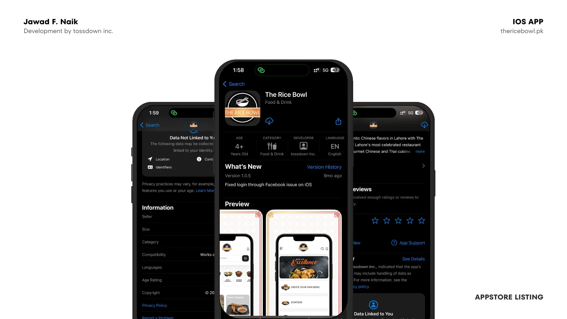 App Store listing screens for The Rice Bowl iOS app