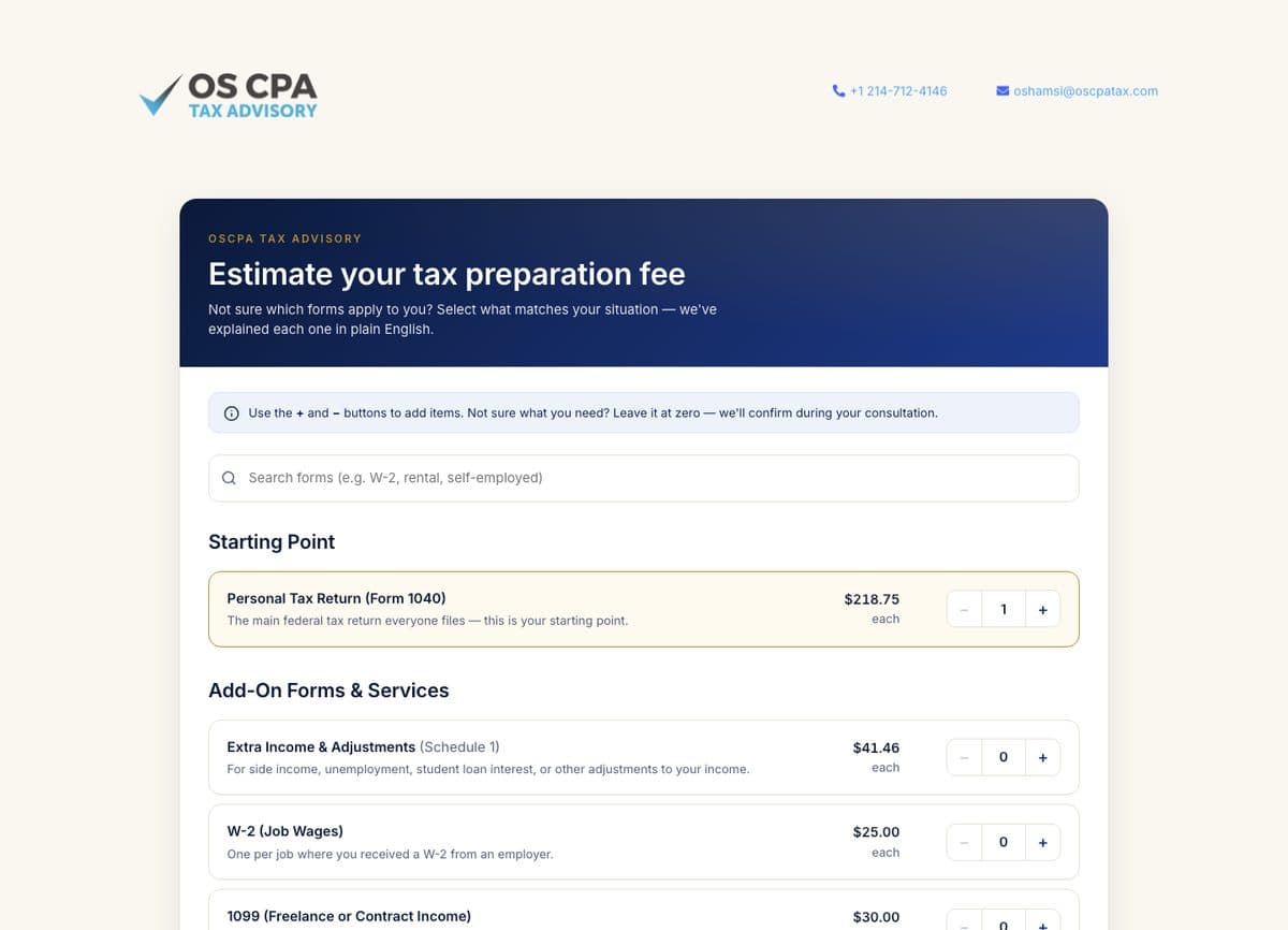 OSCPA Fee Estimator website, home page