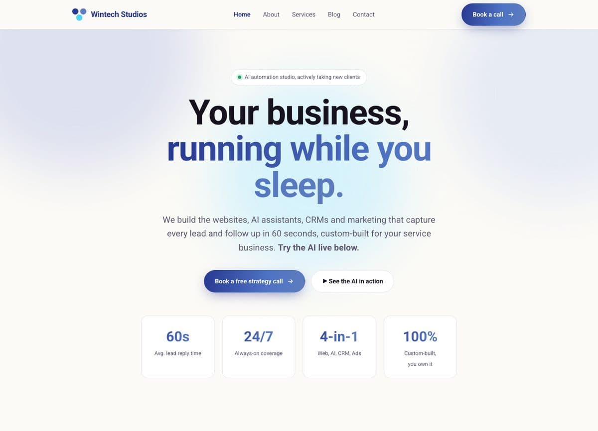 Wintech Studios website, home page
