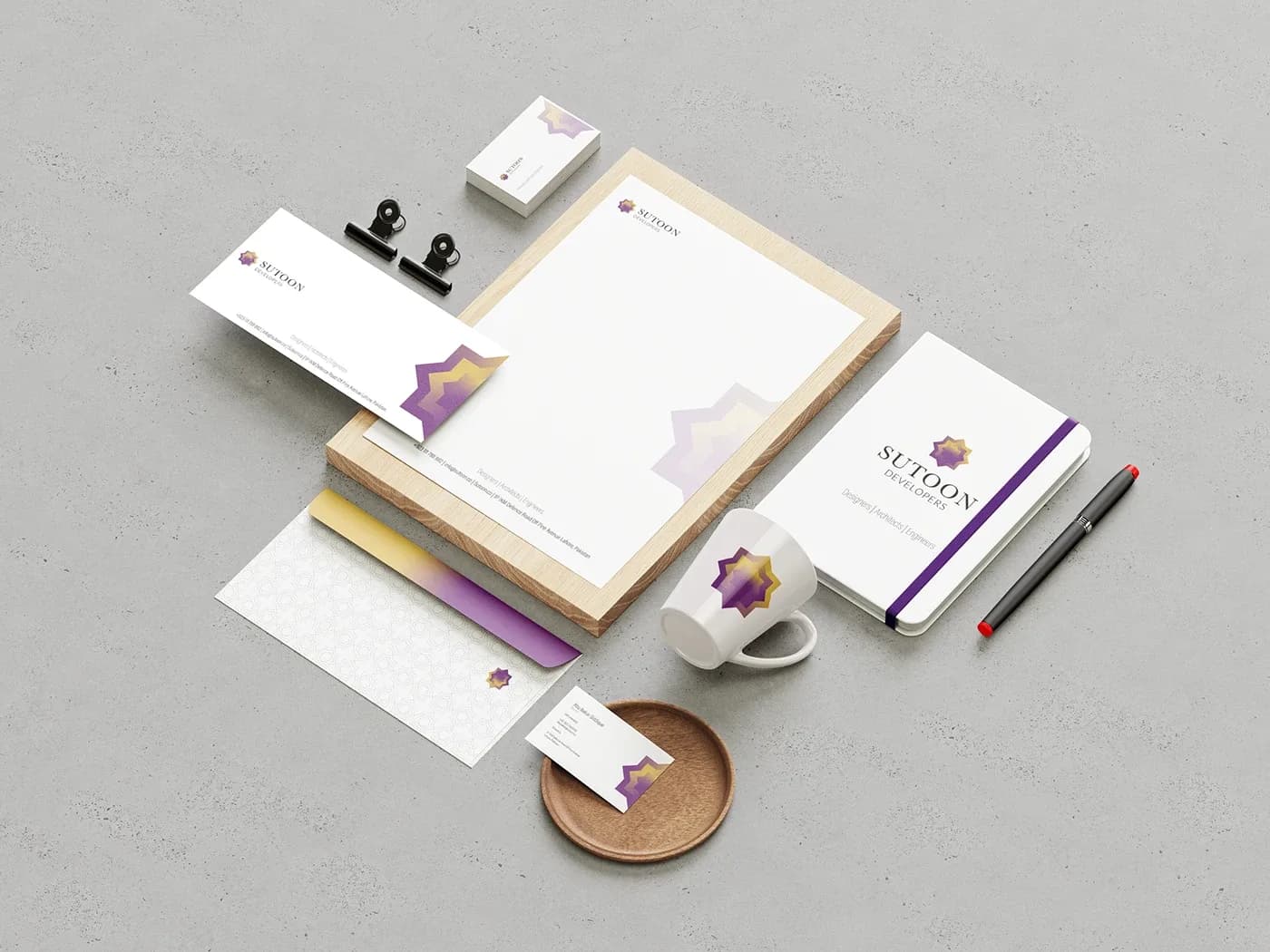 Sutoon stationery set with letterhead, envelopes, business cards, notebook and mug