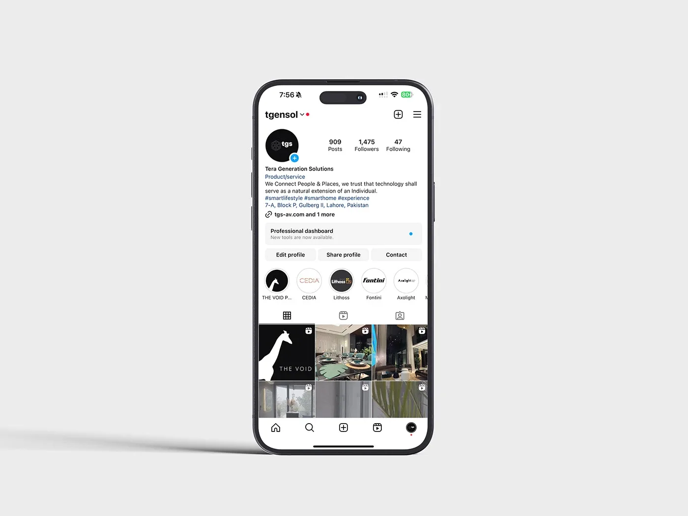 TGS Instagram profile on a phone with brand highlight covers and feed
