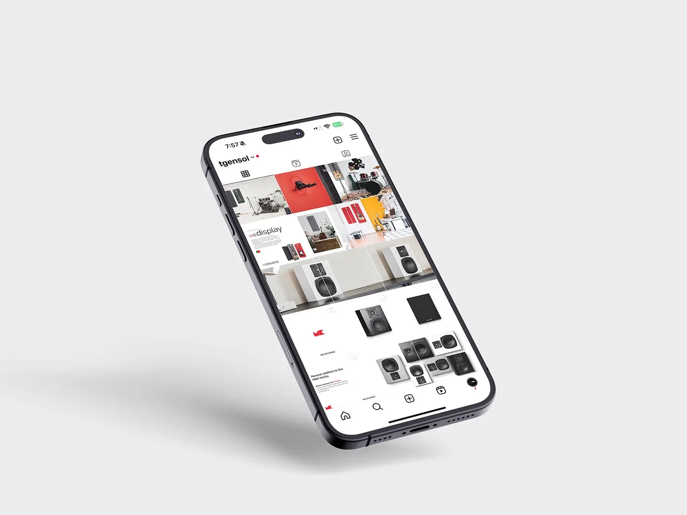 Tilted phone showing TGS feed with Vicoustic and MK Sound tile layouts