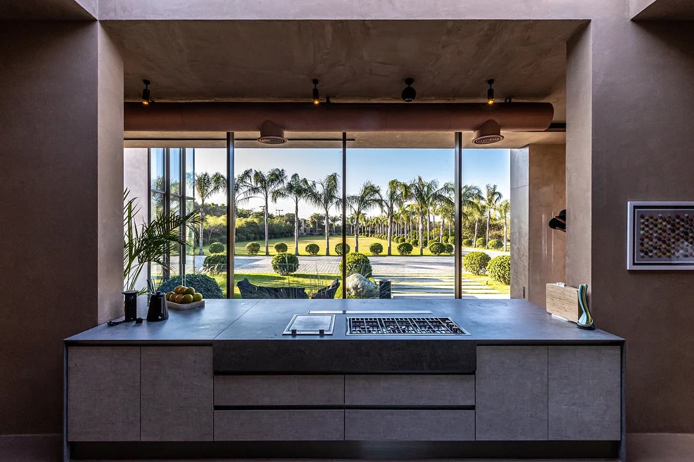 Kitchen island framed by a window onto palm-lined lawns