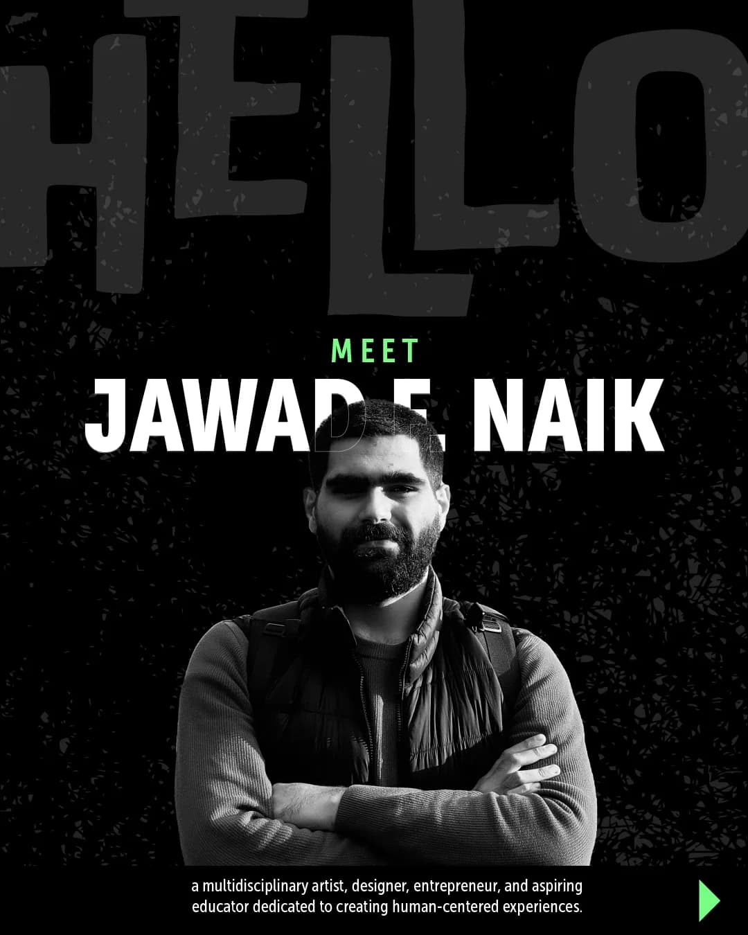 Black-and-white portrait of Jawad under a large textured HELLO and his name