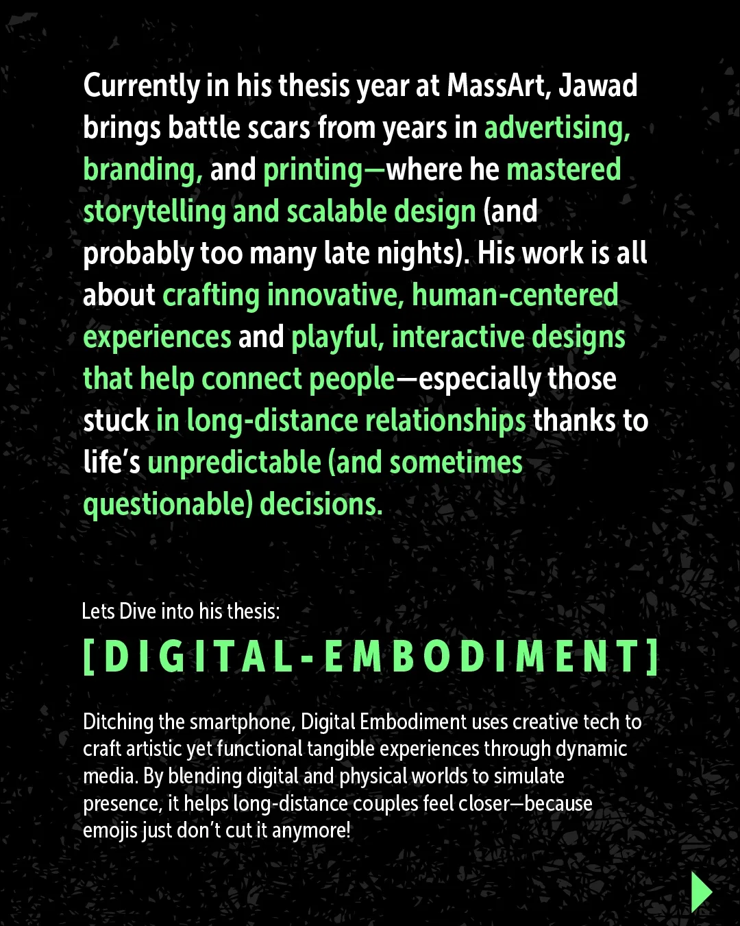 Text slide describing Jawad's background and the Digital Embodiment thesis