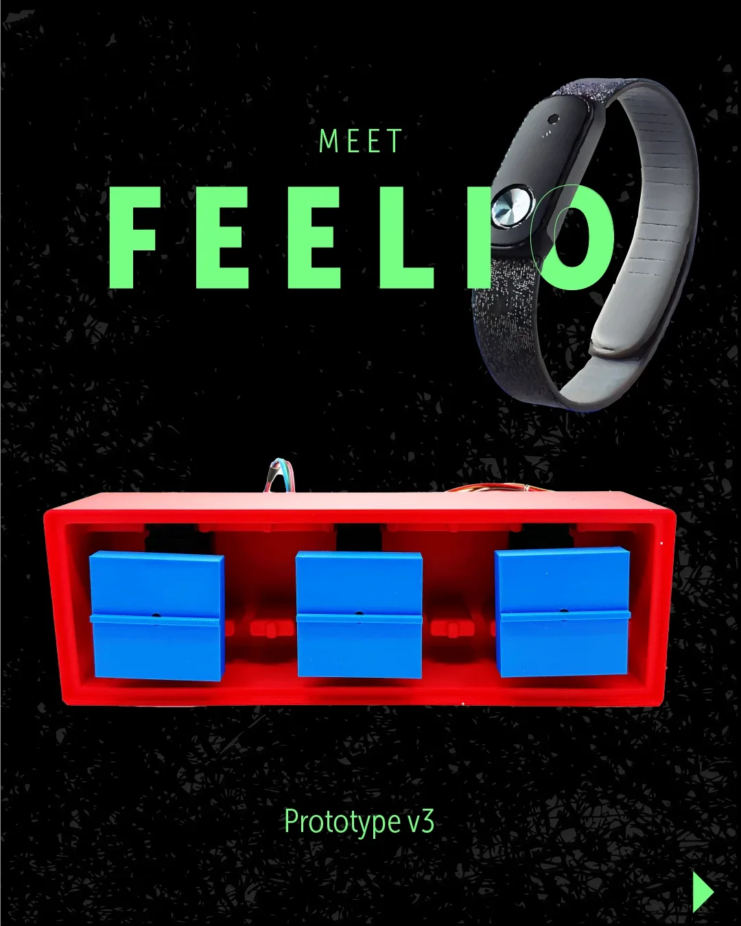 Feelio prototype v3: black sensor wristband and red beacon with three blue cubes