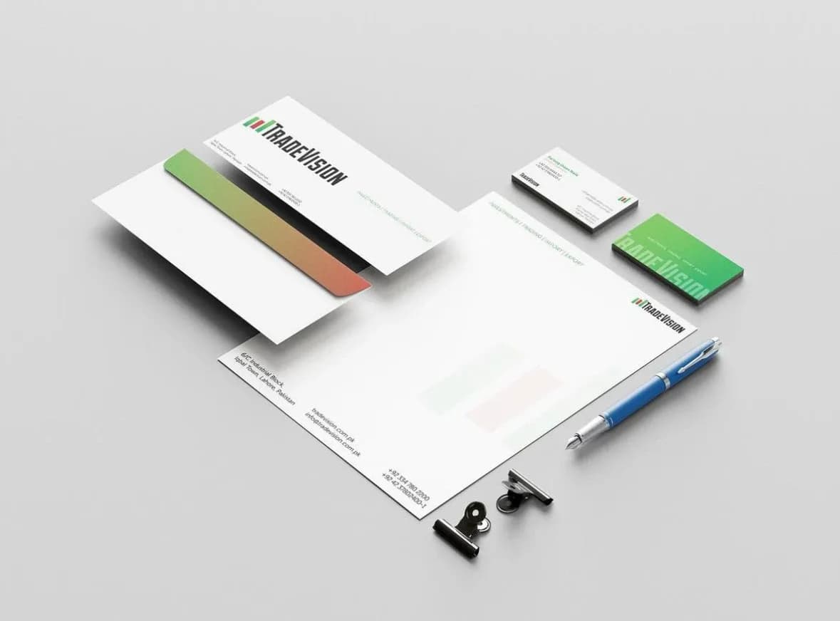 TradeVision stationery set with letterhead, envelope and business cards