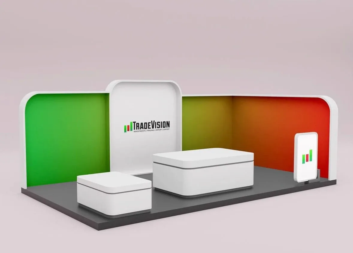 3D render of TradeVision expo kiosk with green-to-red gradient walls