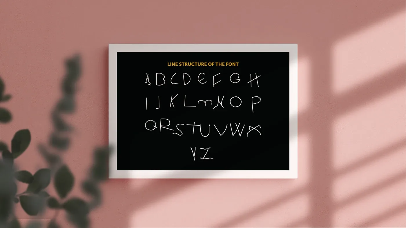 Framed poster showing the hand-traced line structure of the found-letter font