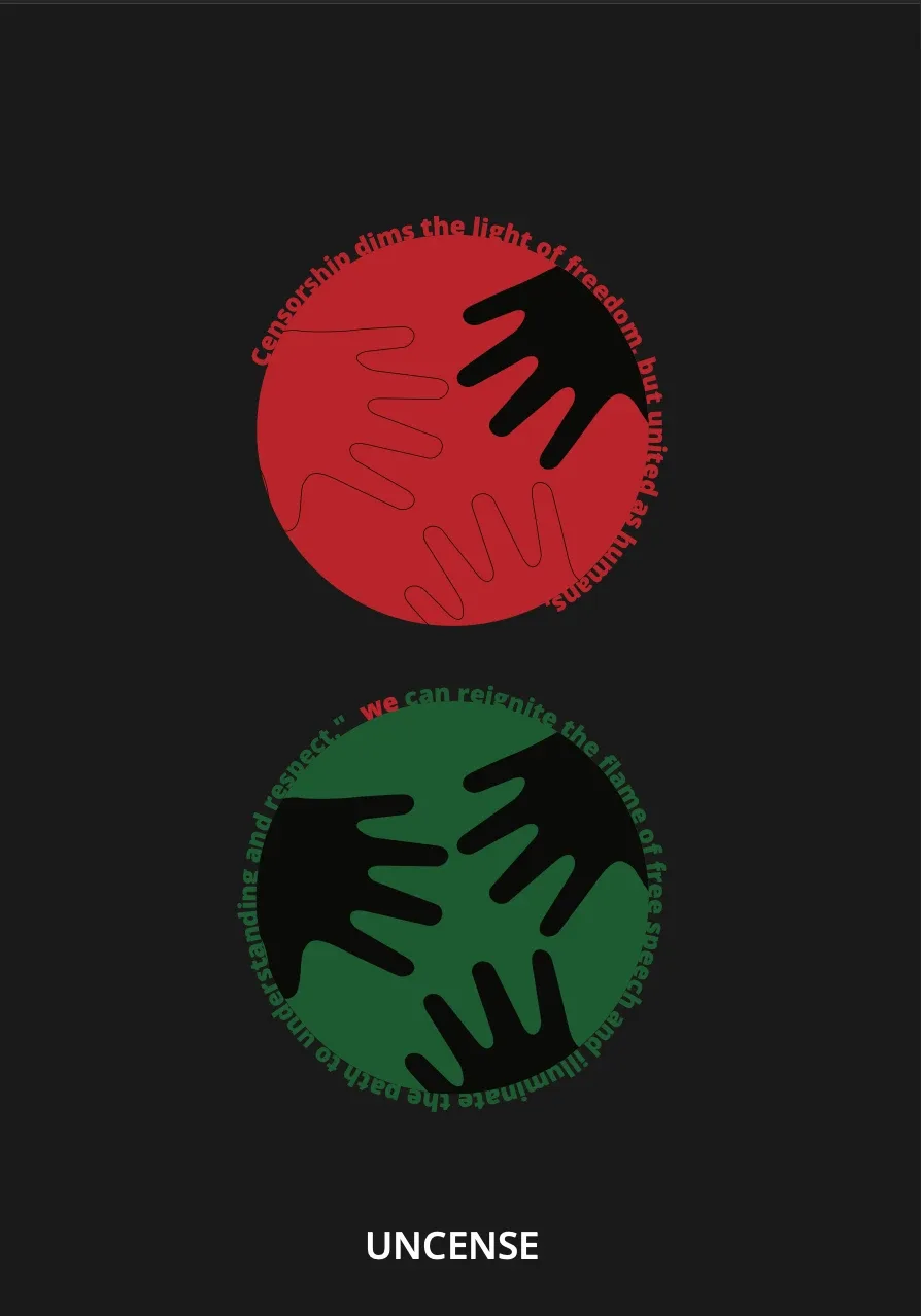 Uncense poster with red and green circles of reaching hands