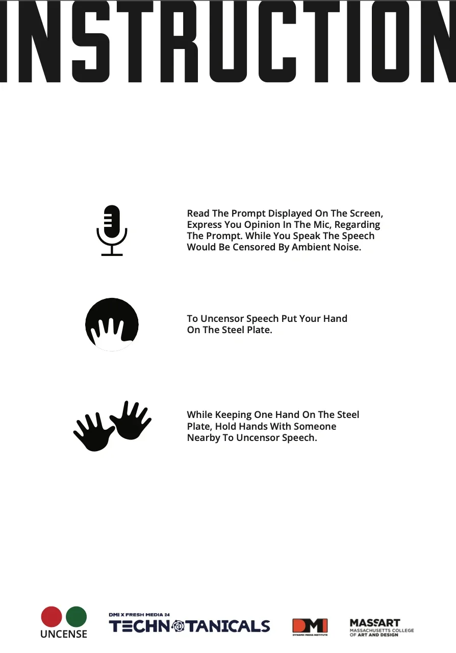 Instruction sheet with icons for mic, steel plate and holding hands