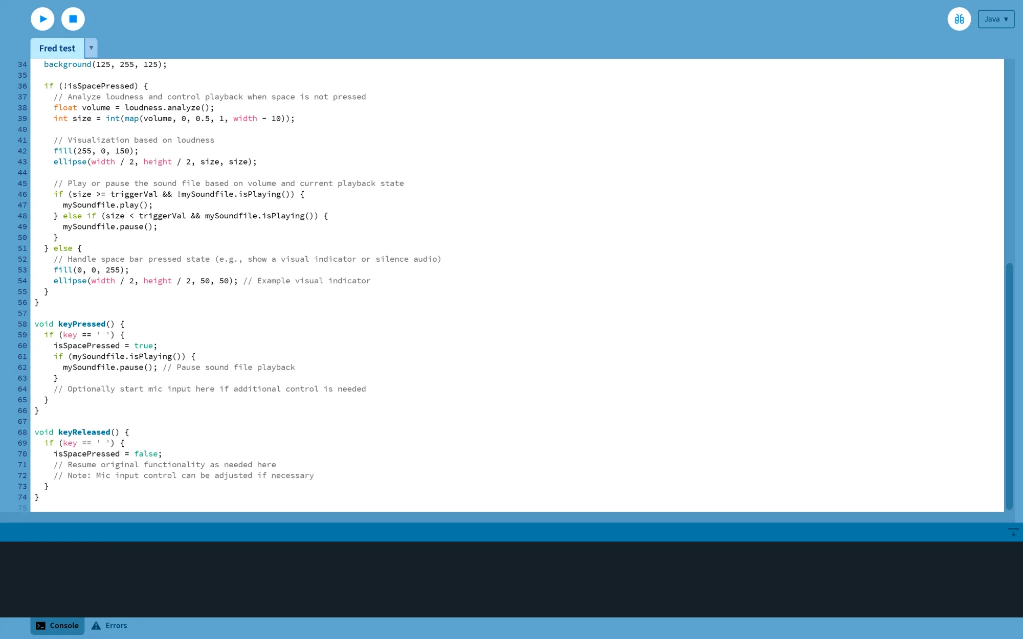 Processing code for audio playback and visualization